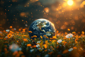 World globe nestled in a blooming field, conveying environmental protection and nature's beauty.