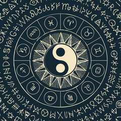 Vector circle of Zodiac signs with hand-drawn yin yang oriental symbol. Retro banner with horoscope symbols for astrological forecasts. magic runes written in a circle - 789645058