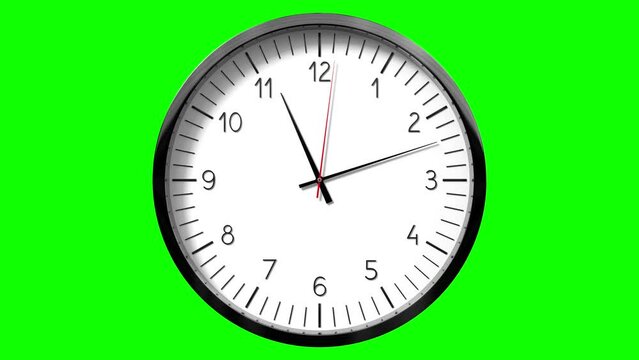 Classic wall clock on green background - 11 to 12 o clock - 3D 4k animation (3840 x 2160 px)