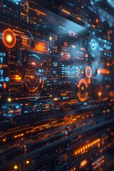 Holographic display of futuristic user interfaces with floating windows, data streams, and soft light on a dark blue background