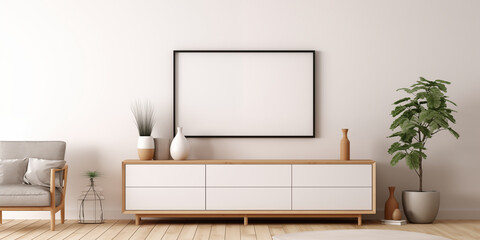 Vertical wood frame mockup in living room interior with window light shadow. 3d rendering, 3d illustration