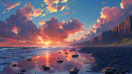 Beautiful sunset over the sea, rocks on the beach, beautiful clouds in the sky, in the style of anime. Created with Ai