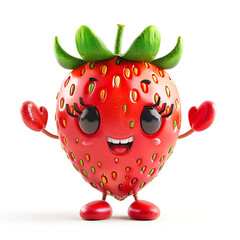 funny cute strawberry with hands and eyes, 3d illustration on a white background, for advertising and design of fruit jam and dishes
