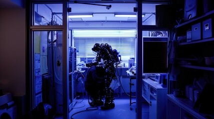 A laboratory scene set in the future, where scientists work alongside humanoid robots to develop groundbreaking AI technologies that will revolutionize society - obrazy, fototapety, plakaty