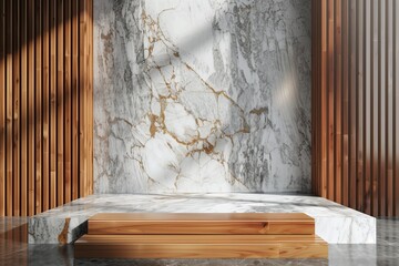Wooden 3d scene with marble background for product demonstration, in rendering style, light amber dan gray.