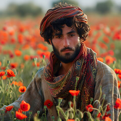 A young Afghan man in national clothes in a field of poppies looks gloomily and thoughtfully at the camera, portrait close-up 
