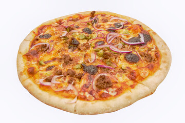 Pizza with cheese and ham isolated on white background.