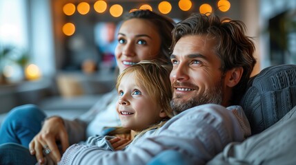Family watching movie on sofa in bright and spacious living room