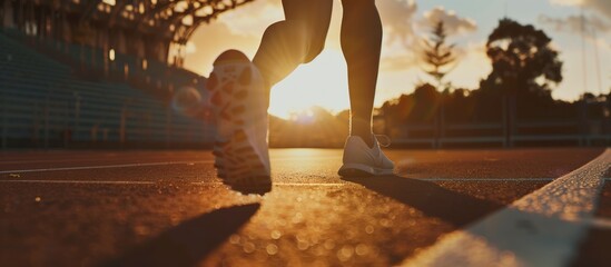 a runner’s feet in mid-stride on an outdoor track, bathed in the warm golden light of sunset, symbolizing determination and the pursuit of personal goals. resilience, progress and reach new heights.