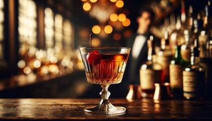 Classic Manhattan cocktail in a lowball glass, cherry garnish, focus on the rich amber color, bar blurred in the background.. AI generated. - obrazy, fototapety, plakaty