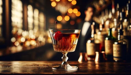 Fotobehang Classic Manhattan cocktail in a lowball glass, cherry garnish, focus on the rich amber color, bar blurred in the background.. AI generated. © Petr