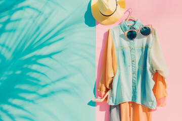 Top view of female clothes and accessories on pastel background with creative shadows and copy space