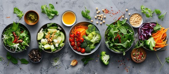 Ingredients included in a spring vegetable buddha bowl on a gray background, viewed from the top. Healthy and tasty culinary offering. - obrazy, fototapety, plakaty