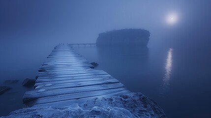 Misty wooden pier under electric blue moonlit sky reflected in water