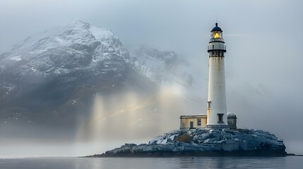Beacon of Serenity: A Lighthouse's Whisper Against the Mountain Mist. Concept Quiet Coastal Beauty, Lighthouse Mystique, Mountain Fog, Ocean serenity, Remote Beacon - obrazy, fototapety, plakaty