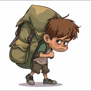 a cartoon style of a young kid clearly struggling with an oversized backpack that is weighing the kid down because it is too heavy