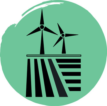 recommend clip art: Icon of wind turbines on a field in line art style on a green background. Vector. Isolated on white