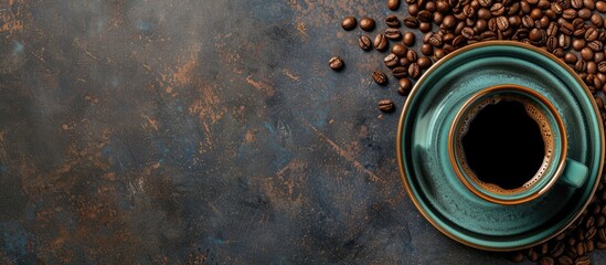 A top-down view of a table with a cup of coffee and coffee beans, with empty space for text. - obrazy, fototapety, plakaty