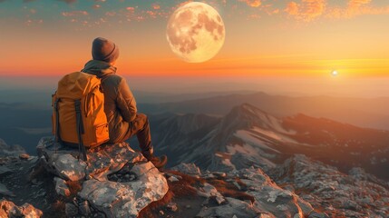 A man with a backpack enjoys the moonlit sky on a mountain peak