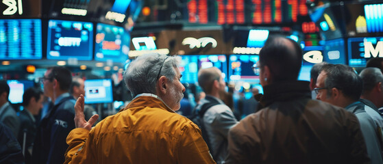 Chaos on the stock exchange floor as traders make gestures and exchange information rapidly. - obrazy, fototapety, plakaty