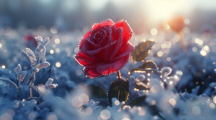 Flower plant, red rose, surrounded by snow and ice in field - obrazy, fototapety, plakaty