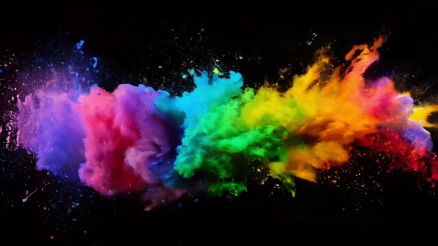 Dynamic paint powder particles explosion in vibrant spectrum of rainbow colors on black background. Indian Holi festival banner