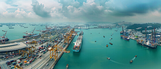 Busy shipping port with several cargo ships being loaded with containers by workers and cranes.