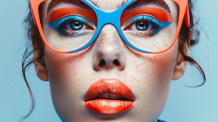 A woman in vibrant blue eyeshadow and striking orange-rimmed glasses, showcasing a blend of bold fashion and makeup artistry against a soft blue backdrop.