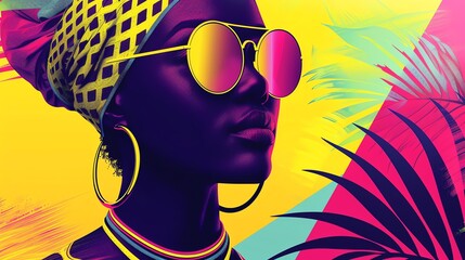 A woman adorned with vibrant African-inspired attire and accessories, set against a dynamic backdrop of tropical foliage in striking neon colors.