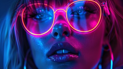 A woman's face illuminated by neon lights, her glasses casting vivid reflections, encapsulating a futuristic and electrifying essence.