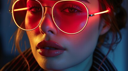 A woman in reflective crimson sunglasses, with a captivating red glow that emphasizes her eyes and lips, exuding a mysterious allure.