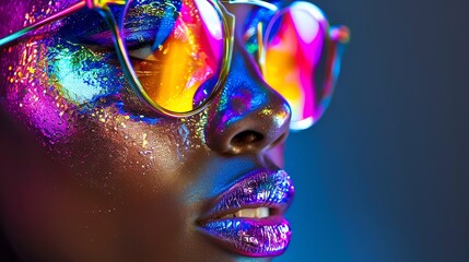 A woman's face, adorned with a glittering multicolored texture and neon-tinted sunglasses, capturing a surreal and vibrant visage; iridescent
