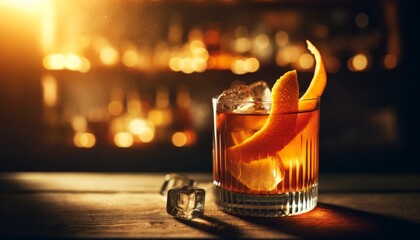 Old Fashioned with a twist of orange peel, softly illuminated by warm bar lighting, background softly blurred.. AI generated. - obrazy, fototapety, plakaty