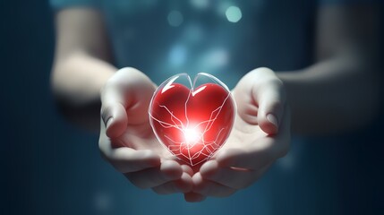 Woman on blurred background holding a glowing heart in her hands 3D rendering