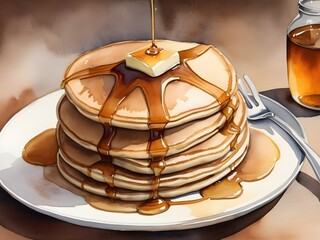 Fototapeta na wymiar Stack of Pancakes With Maple Syrup Watercolor Painting Print