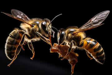 Moment of impact between a defending bee and an invading wasp, highlighting their interaction with sharp focus on their intertwined bodies - obrazy, fototapety, plakaty