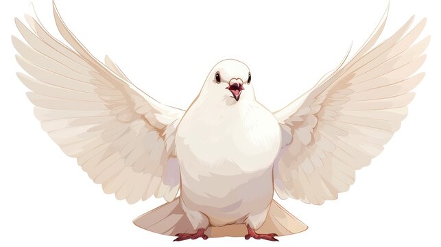A stunning albino dove gracefully soars showcasing its expansive wings in a charming cartoon image set against a pure white backdrop a tiny yet powerful emblem of love