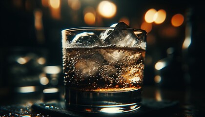 Close-up of an Old Fashioned, focus on the surface of the drink with bubbles around the ice, dimly lit bar setting.. AI generated. - obrazy, fototapety, plakaty