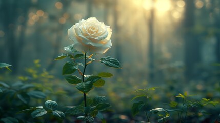A white rose blooms amidst the forest landscape, standing out among the greenery - obrazy, fototapety, plakaty