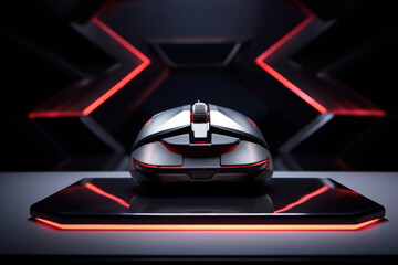Gaming pc mouse with futuristic design, on platform with neon accents, contrasted against dark cyber background for tech savvy visual