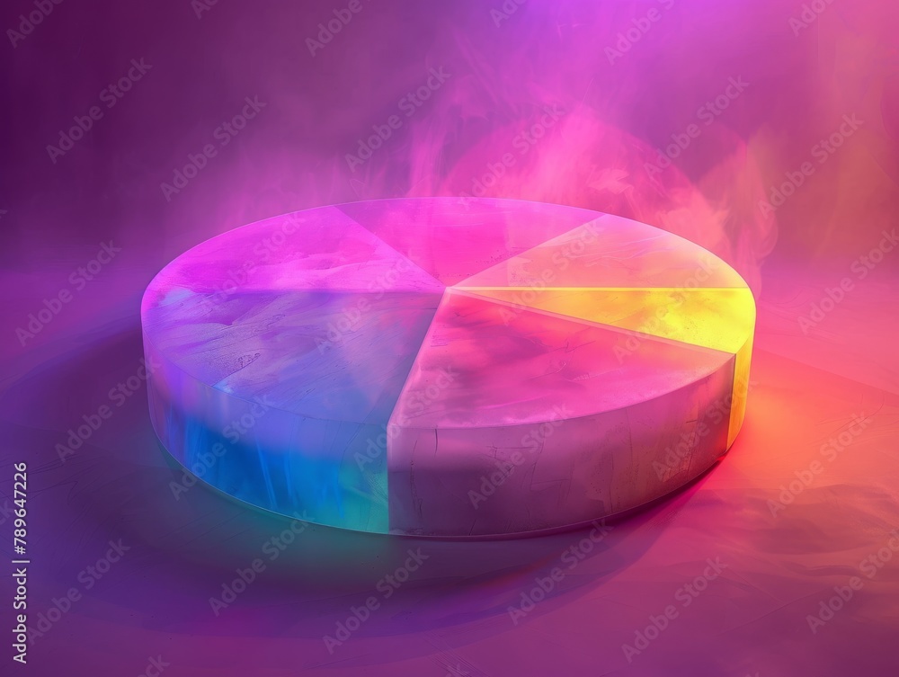 Poster ethereal aura surrounding each segment of pie charts - abstract data visualization.