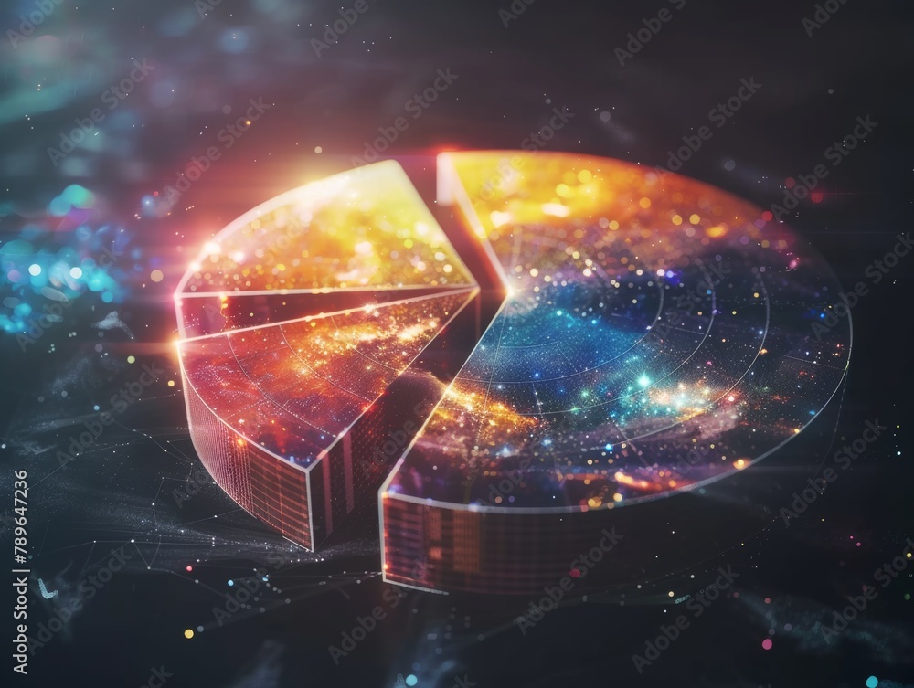 Poster ethereal aura surrounding each pie chart segment in abstract business data visualization.
