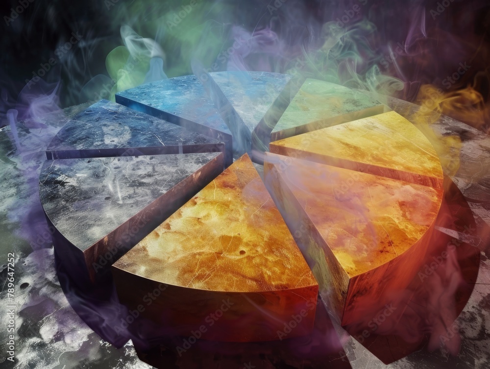 Poster ethereal aura surrounds each segmented pie chart in abstract image