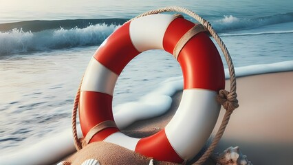 Red and white life preserver on the beach