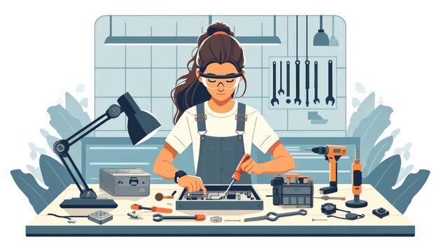 A Hispanic female student utilizes her kinesthetic learning style by actively engaging in building a mechanical device in a workshop.