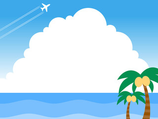 海と入道雲とヤシの木と飛行機雲フレーム：青