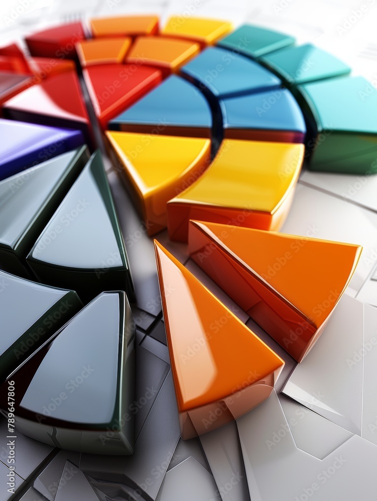 Poster chaotic arrangement of colorful pie chart sectionsdata analysis concept