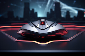 Computer mouse on table with city backdrop. Gaming gadget with sleek design and neon lighting on platform against dark futuristic background for cutting edge aesthetic