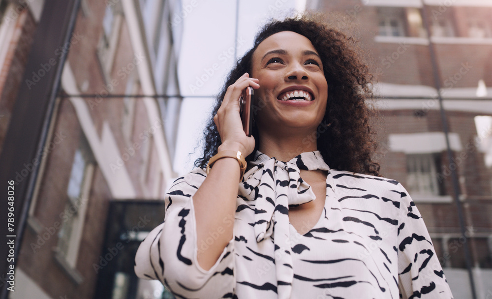 Wall mural Woman, city and smile with smartphone, call and vision for communication on urban background. African entrepreneur, conversation and technology for business, working and downtown corporate startup