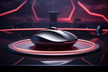 Computer mouse on glowing circle. Futuristic gaming gadget in neon lighting on stand, against dark cyber background, modern pc equipment